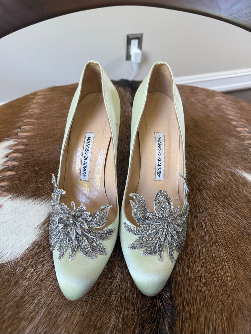 Manolo Blahnik Pale Green Satin Crystal-Embellished Pointed-Toe Pumps